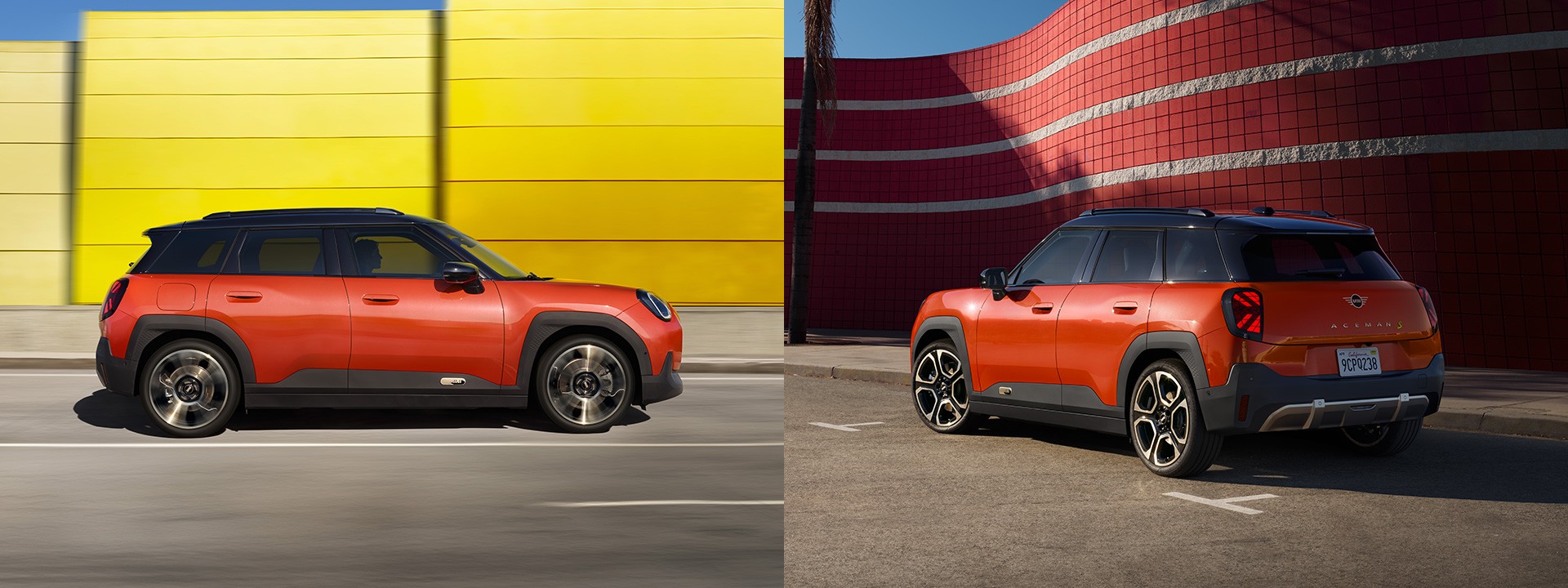 Side profile of the first-ever all-electric MINI Aceman as it drives past bright yellow wall panels and the car parked at an angle in front of a red, tiled backdrop, showing off its race-inspired rims and geometric rear lights.